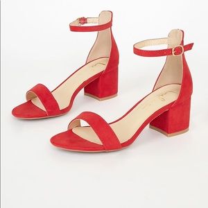Red suede ankle strap heels